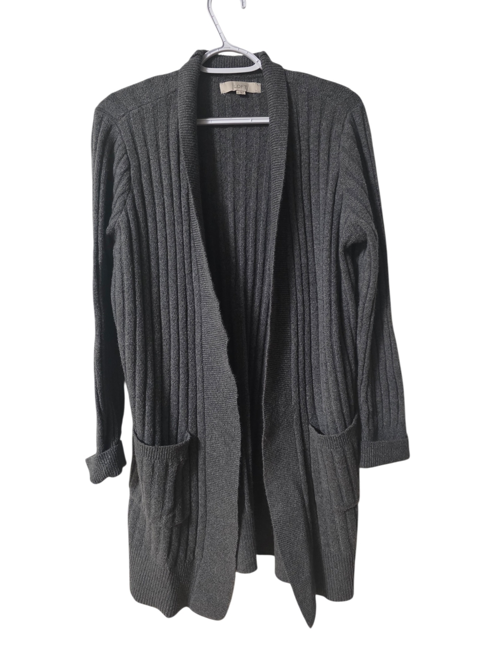 LOFT Women's Dark Gray Open-Front Ribbed Cardigan Sweater
